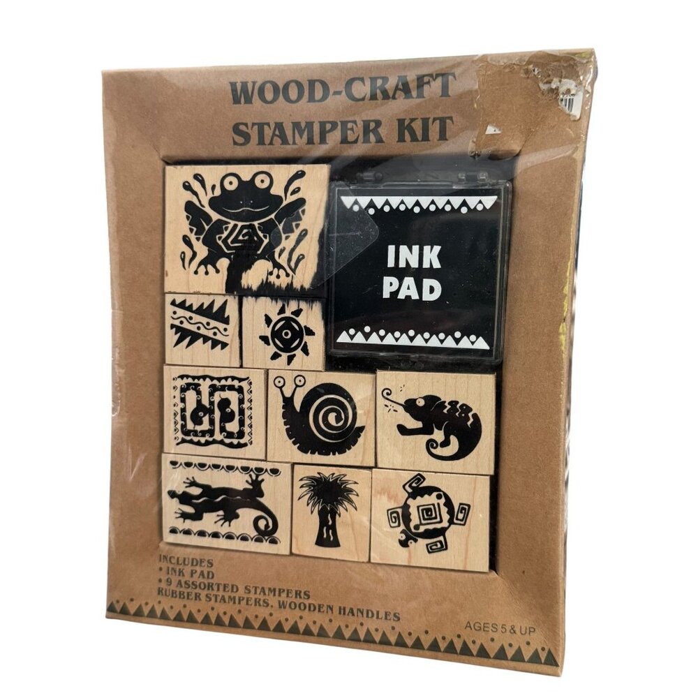 Wood-Craft Stamp Kit With Ink Pad & 9 Assorted Rubber Stampers